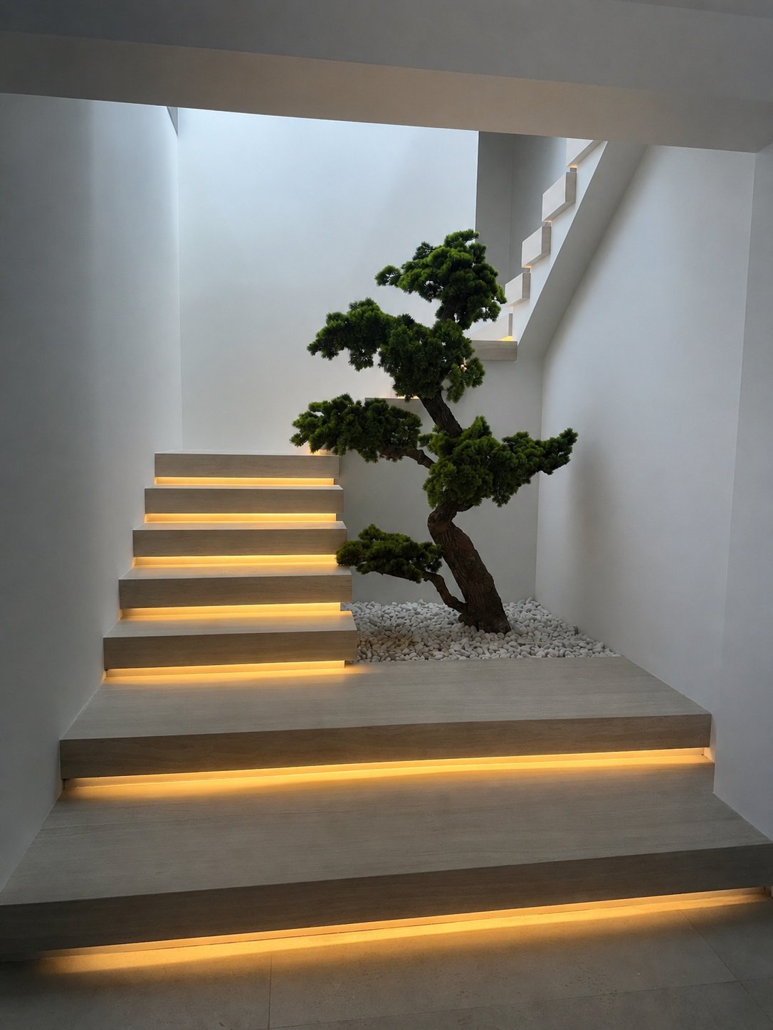 Escalera Moderna con LED y jardín zen